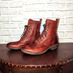 Frye Veronica Combat Red Clay Cognac Leather Lace Up Moto Everyday Ankle Boots